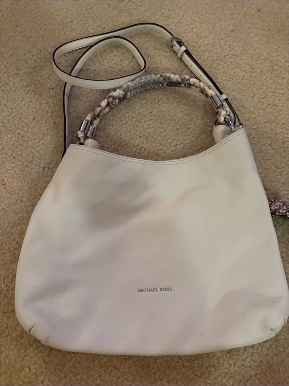 Michael Kors Isabel Large Convertible Shoulder White Leather Bag Python Accent